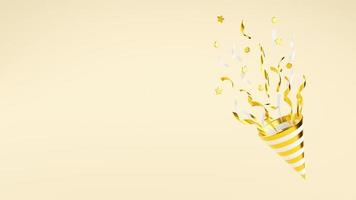 goldener partypopper mit fliegendem konfetti 3d-renderillustration. foto