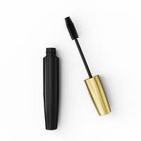 geöffnete Mascara und Bürste weißer Hintergrund isoliert Nahaufnahme, schwarze Tube, Augenmascara-Behälter, Wimpern-Applikator-Stick, Wimpern-Zauberstab, Schönheits-Make-up-Zubehör, Kosmetik-3D-Illustration foto