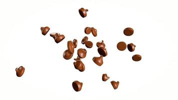 Schokoladenstückchen Häppchen oder Tropfen, fallend fliegend isoliert auf weißem Hintergrund 3D-Darstellung foto
