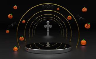 podium und schwebender kürbis mit kristallkreuz für fröhliches halloween, modernes bühnendisplay und minimalistisches mockup, abstrakter schaufensterhintergrund, konzept 3d-illustration oder 3d-rendering foto