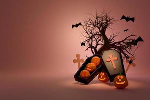 Sarg und Kerzenlicht im Kürbis mit Baum und Fledermaus für fröhliches Halloween, Konzept 3D-Illustration oder 3D-Rendering