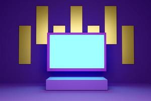 podium mit geometrischen formen leer in lila oder violetter komposition für moderne bühnendarstellung und minimalistisches mockup, abstrakter schaufensterhintergrund, konzept 3d-illustration oder 3d-rendering foto