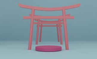 podium leer mit japanischem torii-tor in himmelblauer pastellkomposition für moderne bühnendarstellung und minimalistisches mockup, abstrakter schaufensterhintergrund, konzept 3d-illustration oder 3d-rendering foto