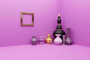 geometrische formen leer und keramik in lila oder violetter komposition für moderne bühnendarstellung und minimalistisches mockup, abstrakter schaufensterhintergrund, konzept 3d-illustration oder 3d-rendering foto