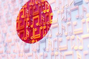 musiknoten, die in gleichmäßigen reihen vor dem hintergrund der nationalflagge von japan aufgereiht sind. das konzept der nationalhymne, musik. 3D-Darstellung foto