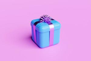 3D-Darstellung des Geschenks in einer schönen violetten Verpackungsbox, eine Schleife aus Satinband auf rosafarbenem Hintergrund. Urlaubsattribute, Geschenkset. foto