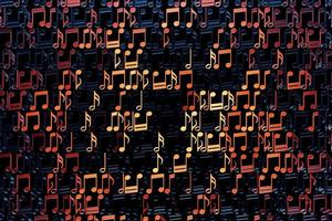 schwarzer musikblatthintergrund mit orange gezeichneten noten. einfaches Cartoon-Design. 3D-Darstellung foto