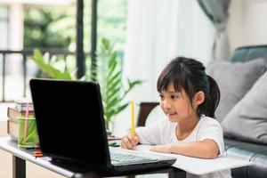 asiatische studentin online lernen klasse studieren online videoanruf zoom lehrer, glückliches mädchen lernt englisch online mit laptop zu hause.neues normales.covid-19 coronavirus.soziale distanzierung.bleib zu hause foto