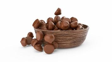 schokoladensplitter fallen auf holzschale 3d-illustration foto