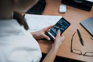 mit Smartphone. Frau, die online im Büro mit Diagrammen auf dem Tisch arbeitet foto