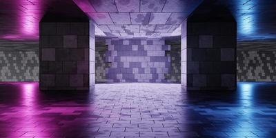 leerer Raum mit Retro-Fliesenwand und blauem und violett-rosa Neonlichthintergrund. abstrakte architektur und cybertechnologie für werbekonzept. 3D-Darstellungswiedergabe foto