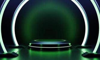 modernes rundes produktschaufenster sci-fi-podium mit grün leuchtendem neonrahmenhintergrund. Technologie und Objekt für Werbevorlagenkonzept. 3D-Darstellungswiedergabe foto