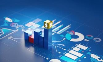 Balkendiagramm Geldwachstum auf blauem Bildschirm Business Investment Graph Hintergrund, 3D-Rendering foto