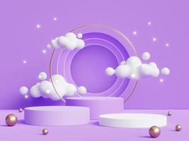3D-Darstellung von geometrischem Podium, Messestand, Produktpräsentation auf violettem Hintergrund mit Cartoon-Wolke. foto