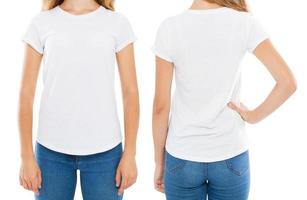 Vorder-Rücken-Ansichten Frauen-T-Shirt isoliert auf weiß, Frauen-T-Shirt, Mädchen-T-Shirt foto