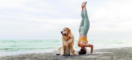 Foto in Bannergröße, junge Frau, die morgens Yoga in der Nähe ihres Hundes macht. Entspannung mit einem Haustier.