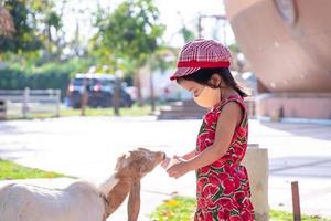 porträtmädchen, das kleine ziege mit milch füttert. glückliches kind mit stoffgesichtsmaske verhindert die ausbreitung von virus und luftverschmutzung pm2.5, roter hut und kleid. Sommer- oder Frühlingszeit. im Urlaub reisen. Kind 4 Jahre alt foto