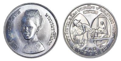 Thailand fünf Baht-Münze, Jahr 1980 isoliert auf weißem Hintergrund. foto