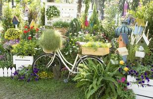 Weißes klassisches Fahrrad mit Blume im heimischen Garten foto