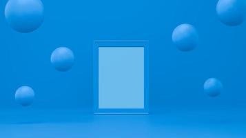rahmen mit blase, die auf blauem studio schwimmt. minimale geometrische Hintergrundform abstrakter Hintergrund. 3D-Rendering. foto