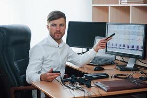 Ergebnisse gibt es morgen. Der Lügendetektor arbeitet im Büro mit der Ausrüstung seines Lügendetektors foto