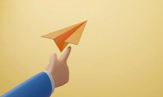 3D-Handtropfen orangefarbenes Papierflugzeug auf gelbem Hintergrund foto
