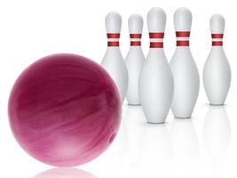 Bowlingkugel und Kegel isoliert auf weißem Hintergrund foto