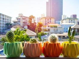 Bunt bemalte geometrische Pflanzgefäße aus Beton mit Kaktuspflanze. bemalte Betontöpfe für die Heimdekoration foto