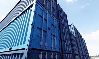 Stapel von blauen Containerboxen mit Himmelshintergrund. Cargo-Frachtversand für die Import- und Exportlogistik. Geschäfts- und Transportkonzept. 3D-Darstellungswiedergabe foto