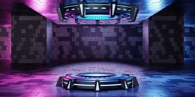 Inneres Raumschiff-Labor mit leerem Podium Innenarchitektur mit leuchtendem Neon für Cyberpunk-Produktpräsentation. technologie und sci-fi-konzept. 3D-Darstellungswiedergabe foto