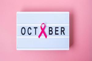 Brustkrebs-Bewusstseinsmonat, rosa Schleife auf Lightbox mit oktober-Texthintergrund zur Unterstützung von Menschen, die leben und Krankheit. internationales frauen-, mutter- und weltkrebstagskonzept foto