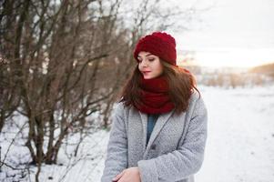 Porträt eines sanften Mädchens in grauem Mantel, rotem Hut und Schal in der Nähe der Äste eines schneebedeckten Baums. foto