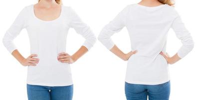 Zugeschnittenes Bild Frau in einer langärmeligen T-Shirt-Collage isoliert auf weißem Hintergrund foto