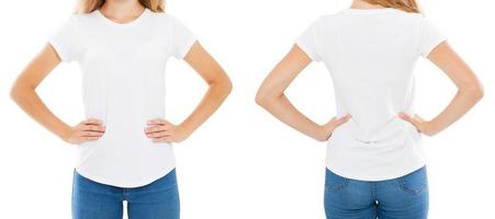 T-Shirt-Design und People-Konzept - Nahaufnahme einer jungen Frau in leerem weißem T-Shirt, Hemd vorne und hinten isoliert. Attrappe, Lehrmodell, Simulation. foto