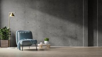 Blaue Sessel, die auf Holzböden in einem leeren Raum mit Betonwänden stehen. foto