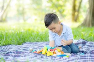 Der kleine Junge spielt mit Spielzeugklötzen auf der Wiese um Ideen und Inspiration, Kinder lernen mit Bauklötzen für Bildung, Kinderaktivitäten und Spiele im Park mit Freude im Sommer. foto