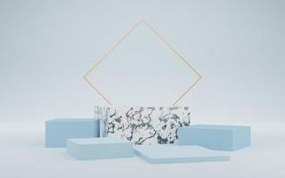 5 leeres weißes Marmorwürfelpodium und goldenes Quadrat auf blauem Hintergrund. abstraktes minimales geometrisches formobjekt des studios 3d. modellfläche für die anzeige des produktdesigns. 3D-Rendering. foto