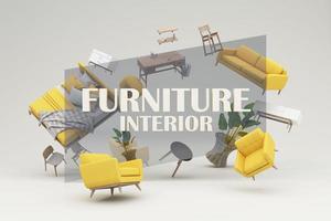 innenarchitekturkonzept verkauf von wohndekorationen und möbeln während aktionen und rabatten, es ist umgeben von betten, sofas, sesseln und werbeflächen banner. Pastellhintergrund. 3D-Rendering foto