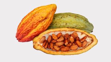 Reife Kakaoschoten sind orange-gelb-grün, die aufgespalten sind, isoliert auf weißem Hintergrund und die Samen sind sichtbar. Kakao oder Theobroma-Kakao l. ist ein kultivierter Baum in Plantagen foto