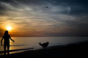 Mädchen mit Hund und Frisbee zum Meer foto