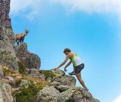 sportliche frau salzfelsen in den bergen zu einem steinbock foto