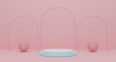 podium mit geometrischen formen leer in rosa komposition für moderne bühnendarstellung und minimalistisches mockup, abstrakter schaufensterhintergrund, konzept 3d-illustration oder 3d-rendering foto