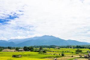 landschaftlich wunderschönes Reisfeld mit einheimischem Haus und dem Berg im Hintergrund foto