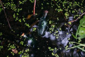 Glasflaschen sind mit magischen Zutaten gefüllt, Elixier. geheimnisvoller See. foto