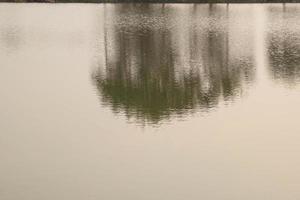 Dunkelgrüne Bäume spiegeln die abendliche Oberfläche des Süßwassersees wider, mit einer ruhigen Atmosphäre, sanftem Sonnenlicht und warmen, üppigen Bäumen. foto