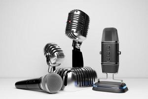 Eine Reihe von Mikrofonen in einem realistischen Hintergrund auf einem weißen, isolierten Hintergrund, 3D-Illustration. live-show, musikaufnahme, unterhaltungskonzept. foto