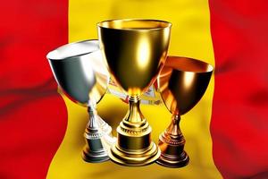 3D-Darstellung eines Siegerpokals aus Gold, Silber und Bronze auf dem Hintergrund der spanischen Nationalflagge. 3D-Visualisierung einer Auszeichnung für sportliche Leistungen foto