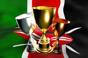 3D-Darstellung eines Pokals mit Gold-, Silber- und Bronzegewinnern auf dem Hintergrund der Nationalflagge Kenias. 3D-Visualisierung einer Auszeichnung für sportliche Leistungen foto