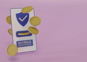 3D-Darstellung von Mobiltelefonen mit Goldmünzen und Schutzschild, sicheres Konzept mit Investitionseinsparungen per Mobiltelefon foto