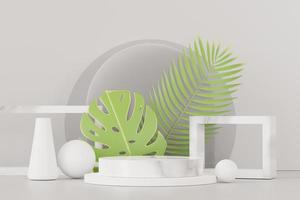 3D-Darstellung eines abstrakten Podest-Displays mit tropischen Monstera-Blättern. Produkt- und Promotionkonzept für Werbung. grüner natürlicher hintergrund. foto